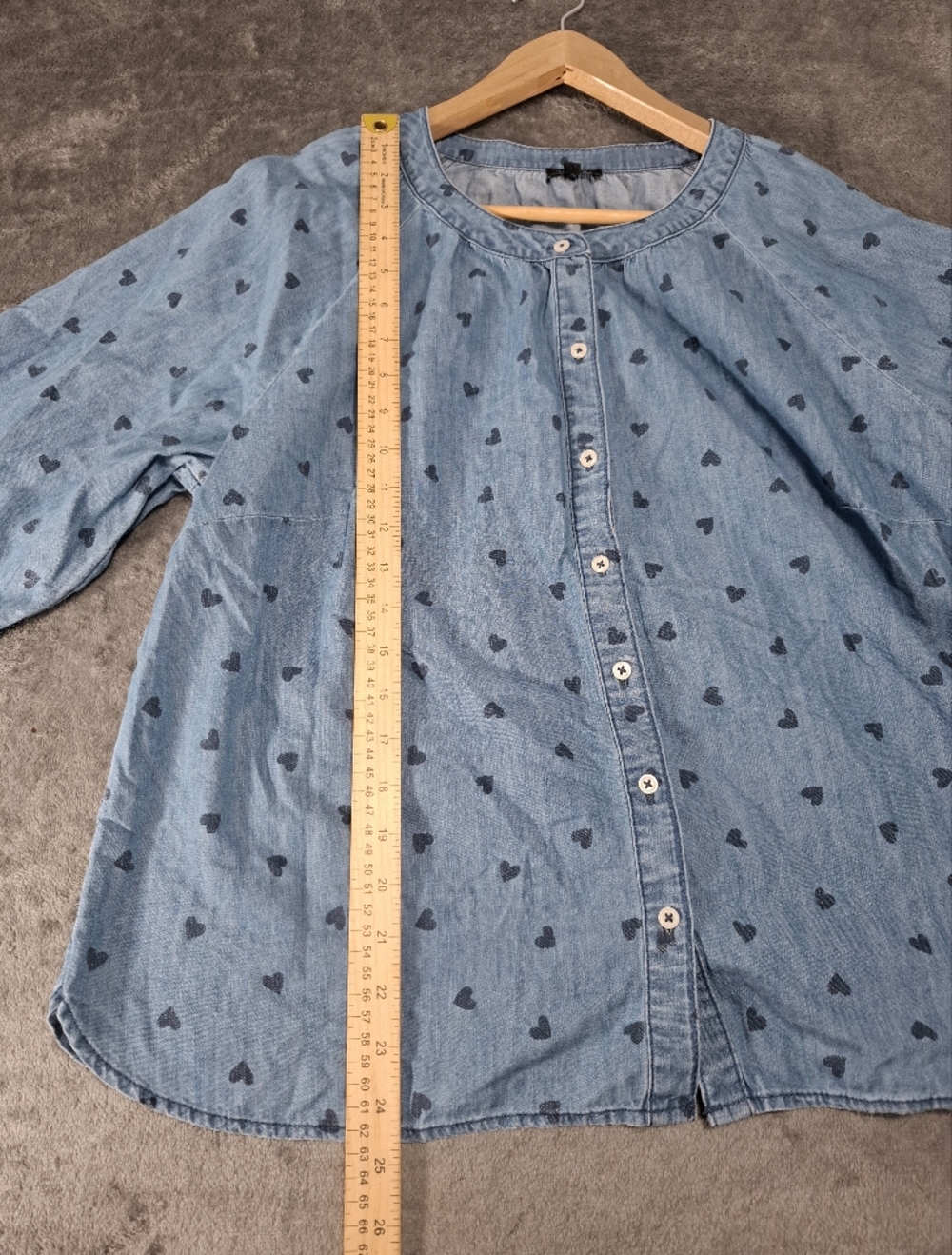 Talbots Petite XL Blue Chambray Heart Print Button Front Smocked Cuff Blouse - Picture 6 of 12